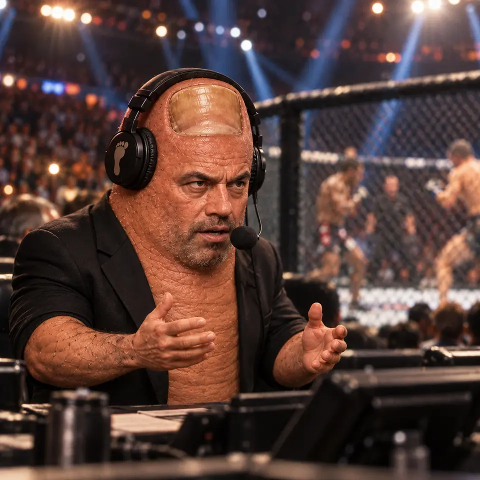 Toe Rogan commentating beside a fight cage