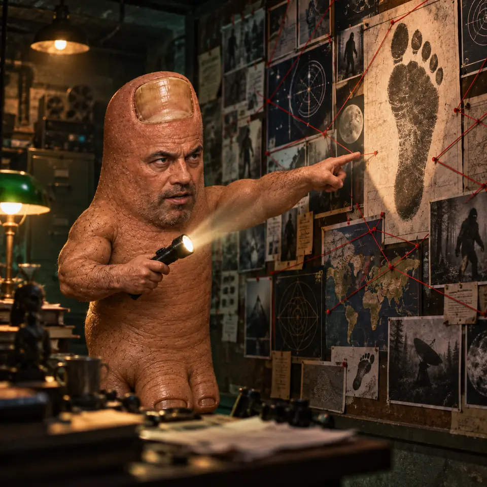 Toe Rogan investigating a conspiracy wall