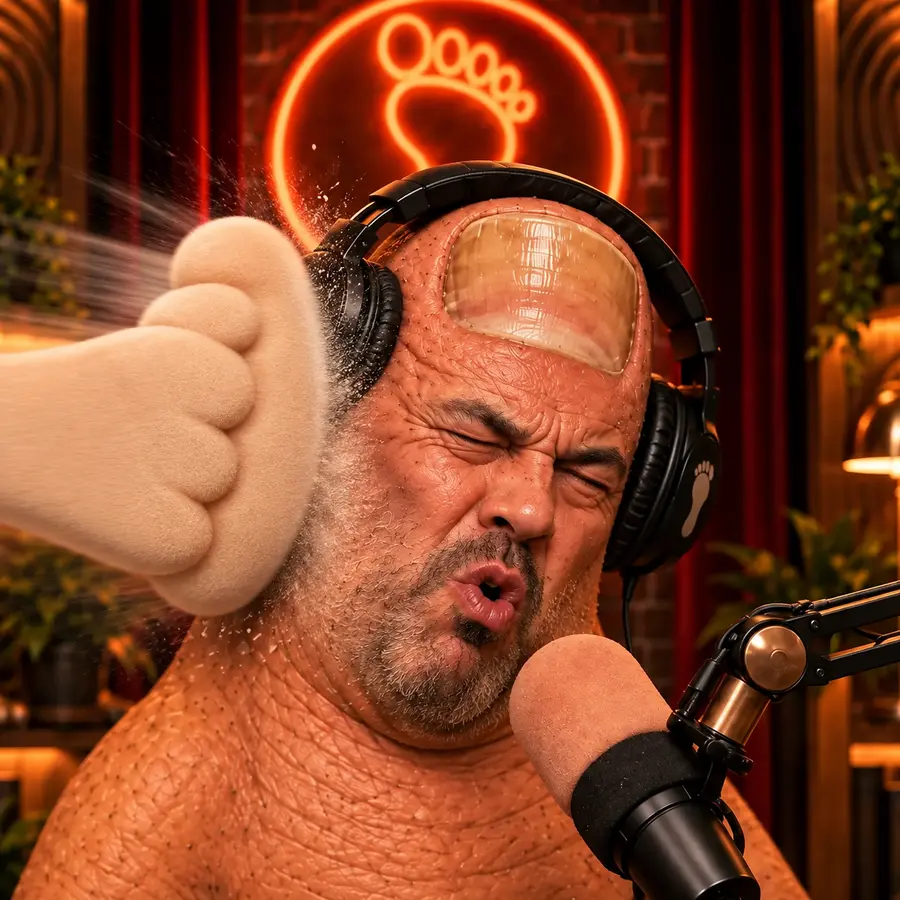 Toe Rogan being bonked by a foam foot