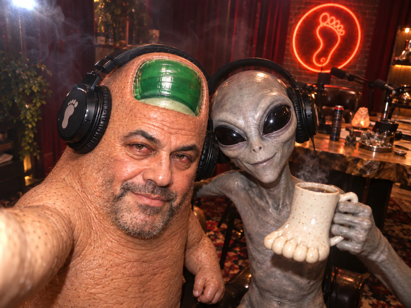 Toe Rogan and an alien guest in the podcast studio