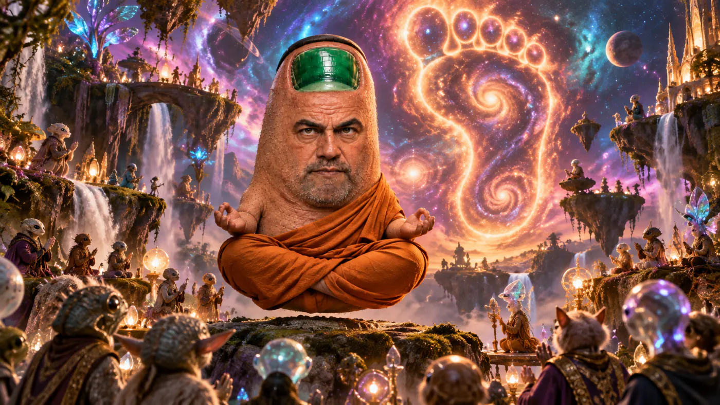 Toe Rogan at a cosmic council beneath an impossible glowing footprint