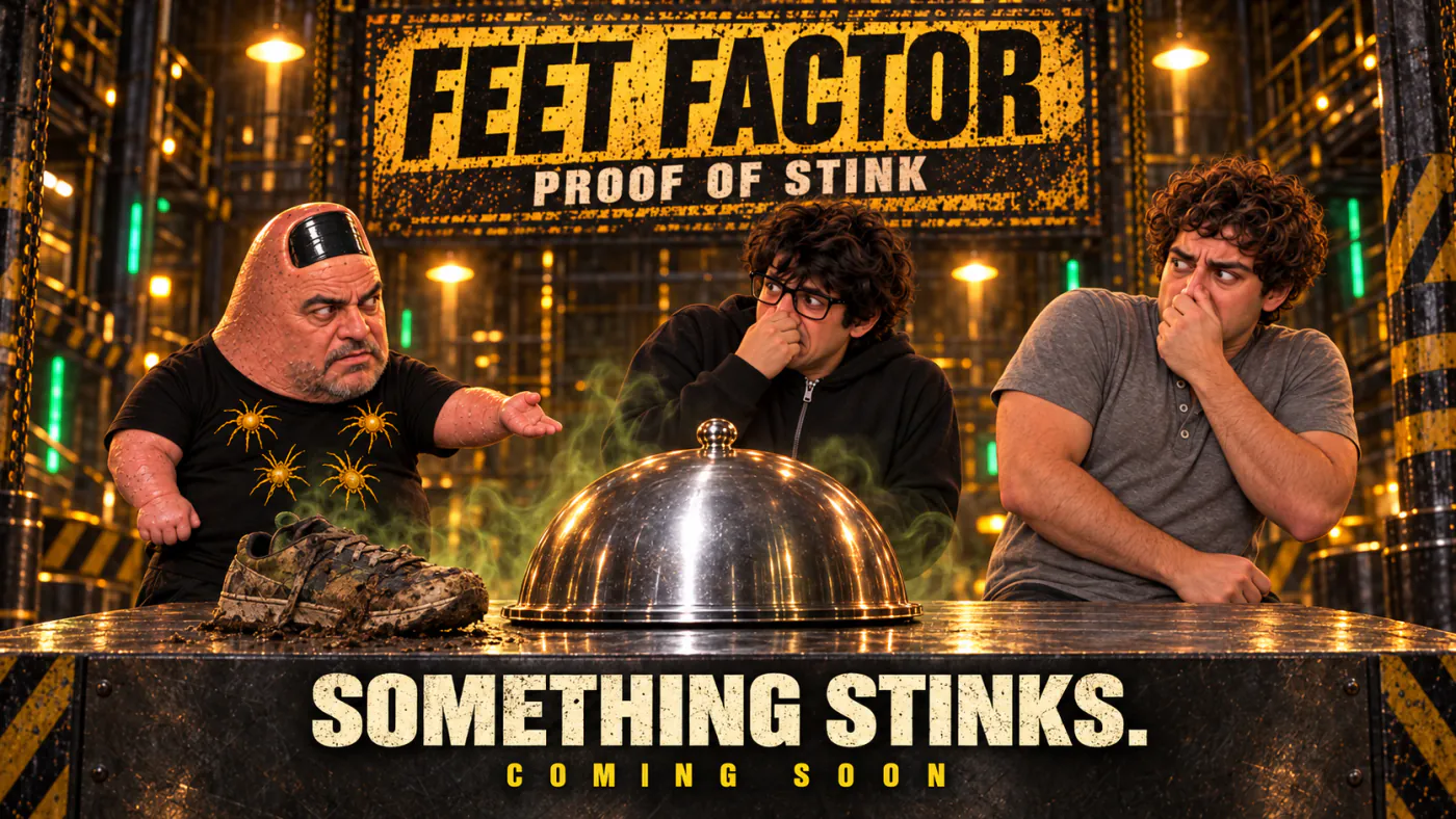 Feet Factor: Proof of Stink. Toe Rogan presents a foul shoe while two guests hold their noses.